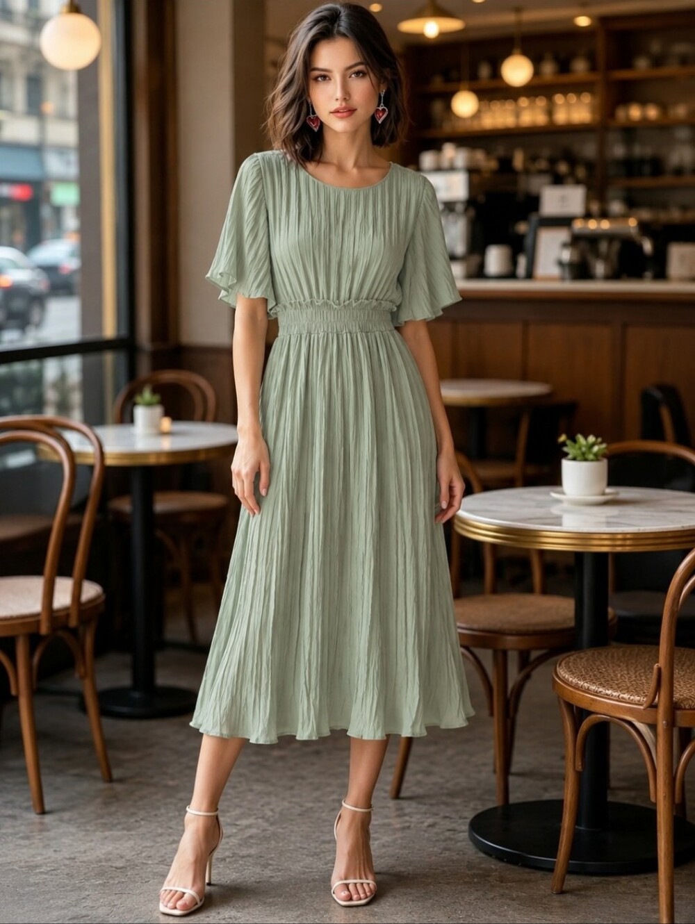 Zara | Sage Green Pleated Midi Dress with Flutter Sleeves
